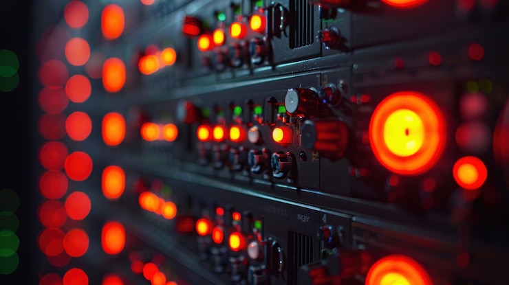 PSD closeup of a server rack with red lights illuminating the buttons and switches