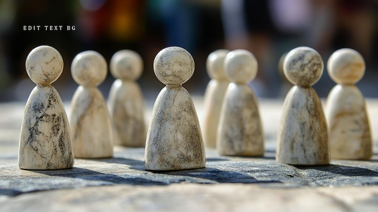 PSD closeup of several small weathered lightgrey wooden figurines standing in a row outdoors blurred background