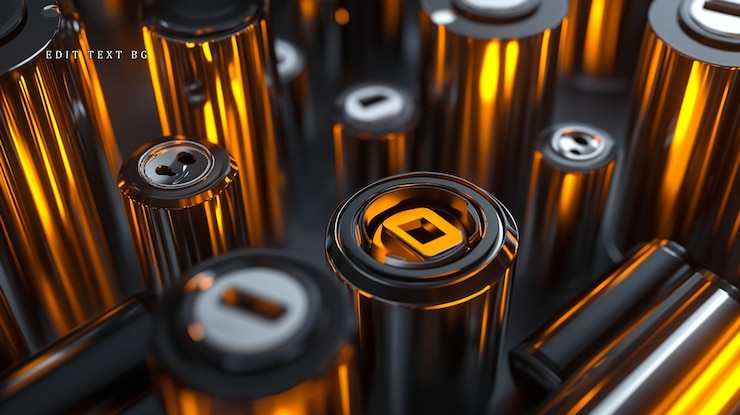 PSD closeup of shiny metallic cylindrical batteries with warm orange glow