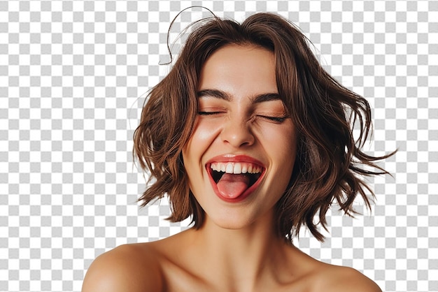 Closeup shot of attractive young woman winking joyfully and showing tongue sassy on white isolated background