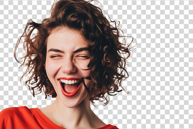 PSD closeup shot of attractive young woman winking joyfully and showing tongue sassy on white isolated background