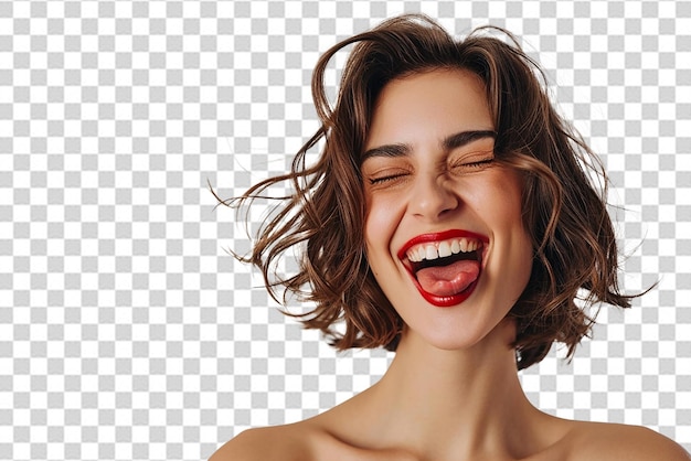 PSD closeup shot of attractive young woman winking joyfully and showing tongue sassy on white isolated background