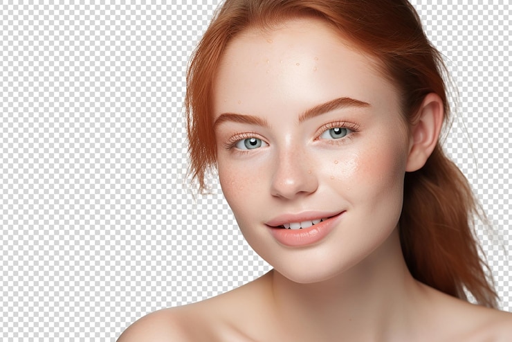 PSD closeup shot of a beautiful red hair young woman smiling isolated on a transparent background