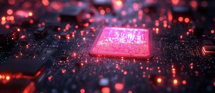 PSD closeup shot of a glowing cpu chip on a motherboard with red lights