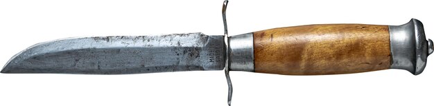 PSD Близкий снимок небольшого резкого ножа с коричневой ручкой на прозрачном фоне