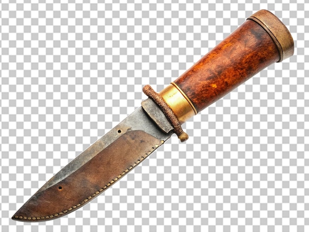 PSD primo piano di un piccolo coltello affilato con una maniglia marrone su uno sfondo bianco