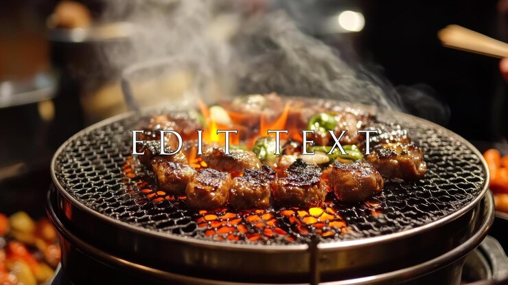 PSD 近距離拍攝燒烤肉在熱燒烤上,用火焰和蒸氣