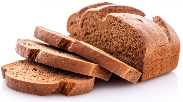 Closeup of sliced brown bread loaf on white background