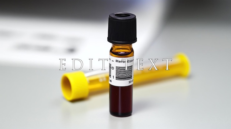 PSD closeup of a small amber vial containing a dark liquid sample with a barcode label sitting on a lab bench