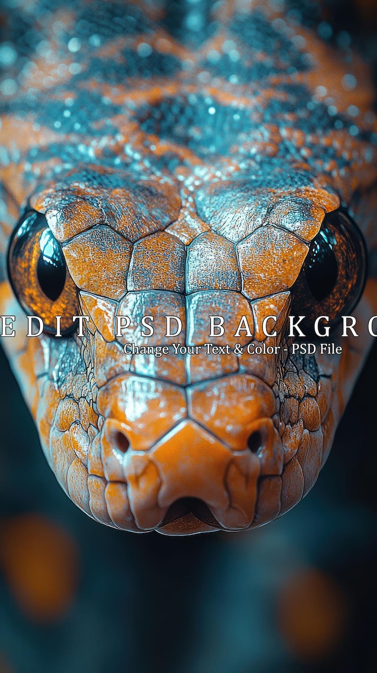 PSD closeup of a snakes head with orange and blue scales and yellow eyes looking directly at the camera