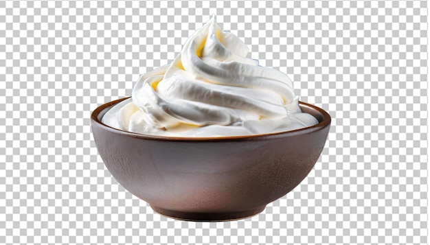 Closeup of soft vanilla creamy dessert delicious whipped cream on a bowl isolated on transparent background