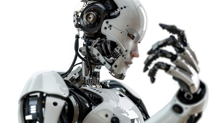 PSD a closeup of a sophisticated humanoid robots head and hands showcasing intricate mechanical details against a white background