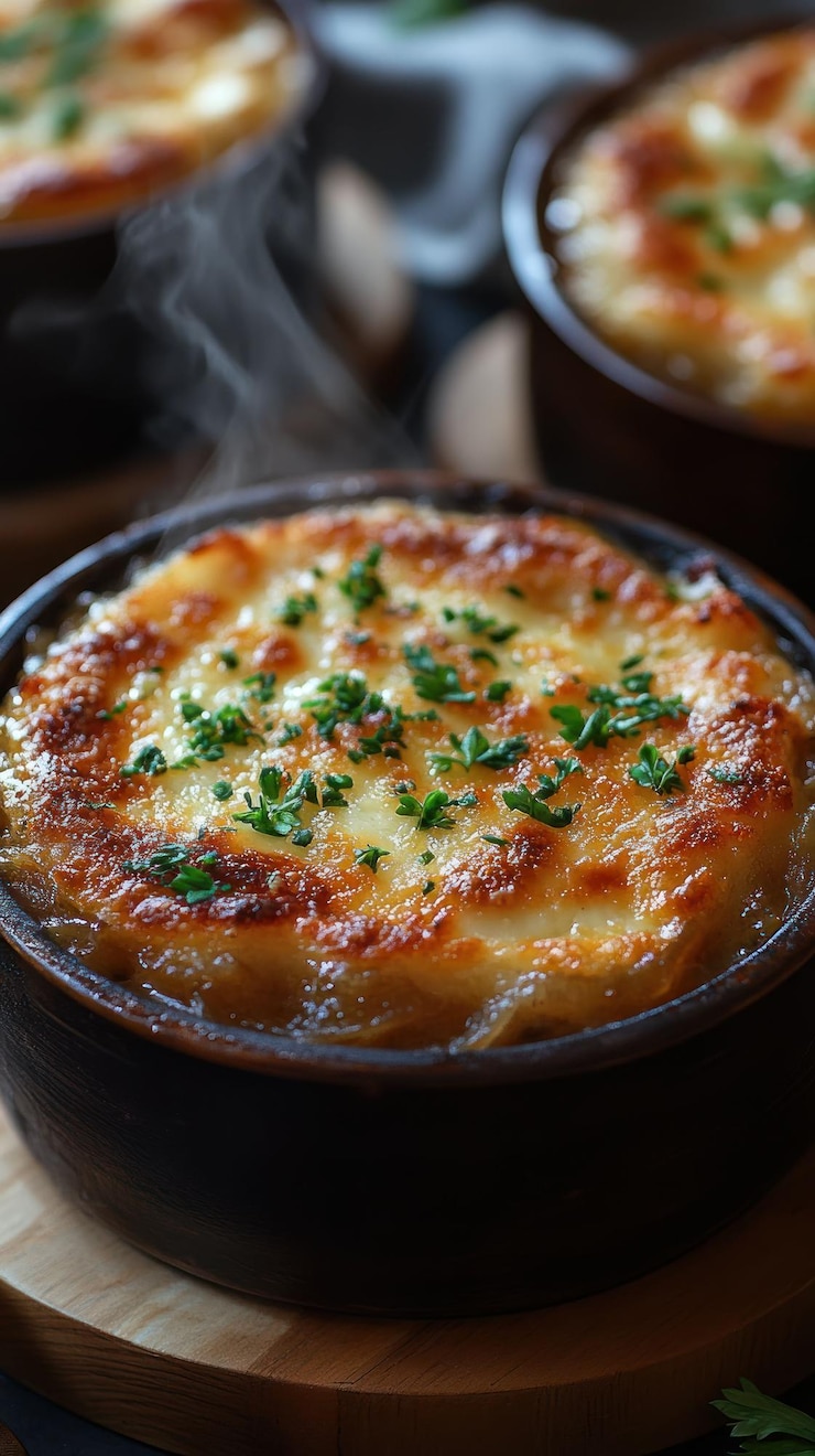 PSD closeup of a steaming hot pot of creamy potato topped casserole with chives garnished with parsley sprigs on a wooden board