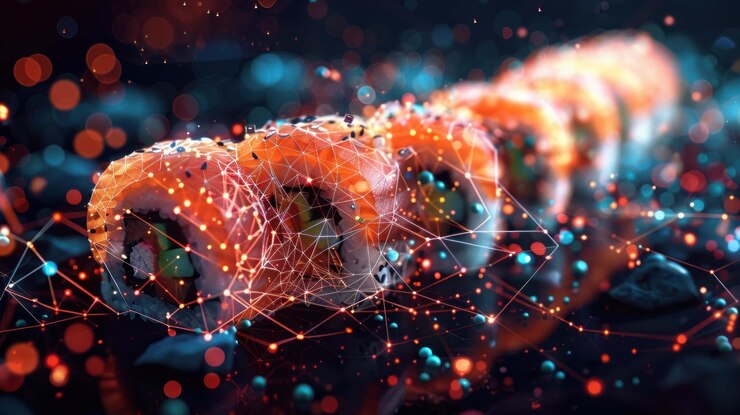 PSD closeup of sushi rolls with glowing lights and lines