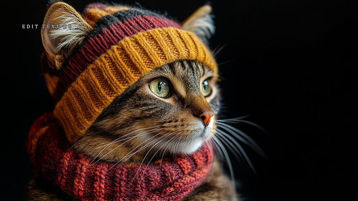 PSD closeup of tabby cat wearing warm knitted hat and scarf against black background