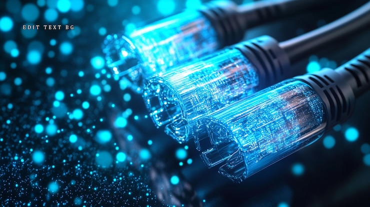 PSD closeup of three fiber optic cables glowing blue connected and transferring data against a dark background with bokeh