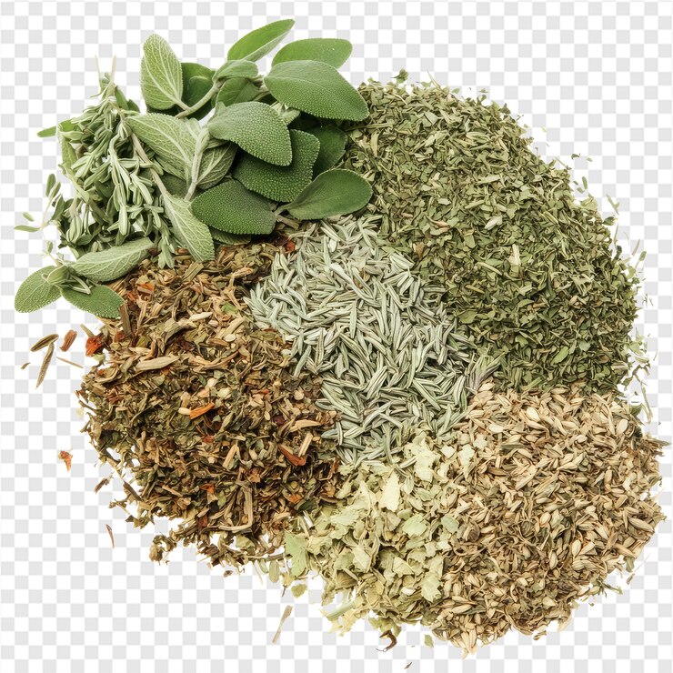 PSD a closeup of a variety of dried herbs including rosemary thyme oregano and sage the herbs are arranged in a circular pattern with the sage leaves at the top