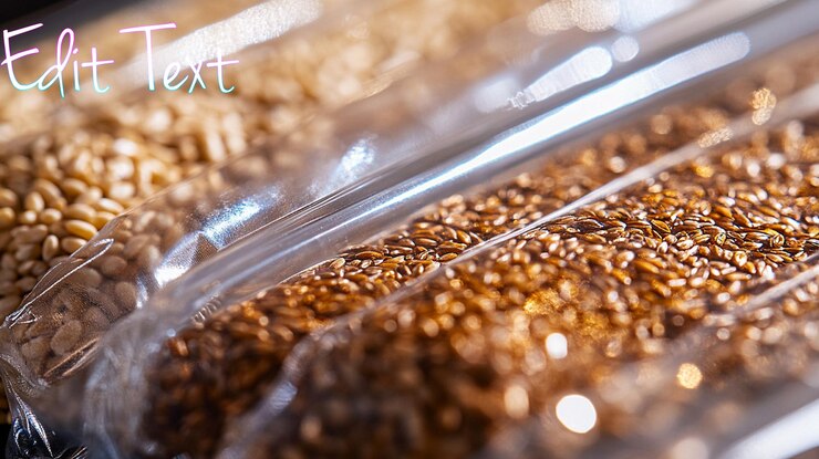 PSD closeup of various seeds in transparent packaging