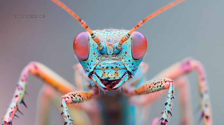 PSD closeup of a vibrant colorful insect with red eyes and intricate details