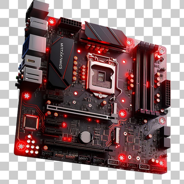 PSD closeup view of computer motherboard with red lights