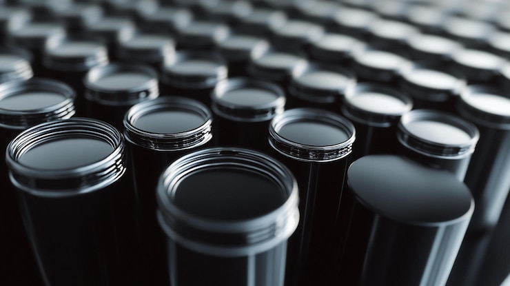 PSD closeup view of many black cylindrical containers with silver lids in a grid pattern
