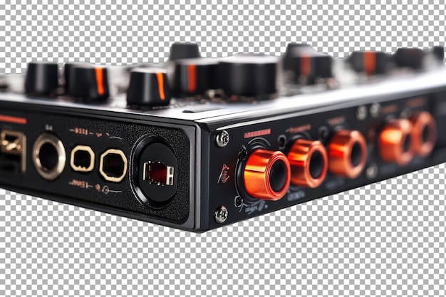 Closeup view of audio interface showing multiple connection ports and knobs during a recording session at a home studio