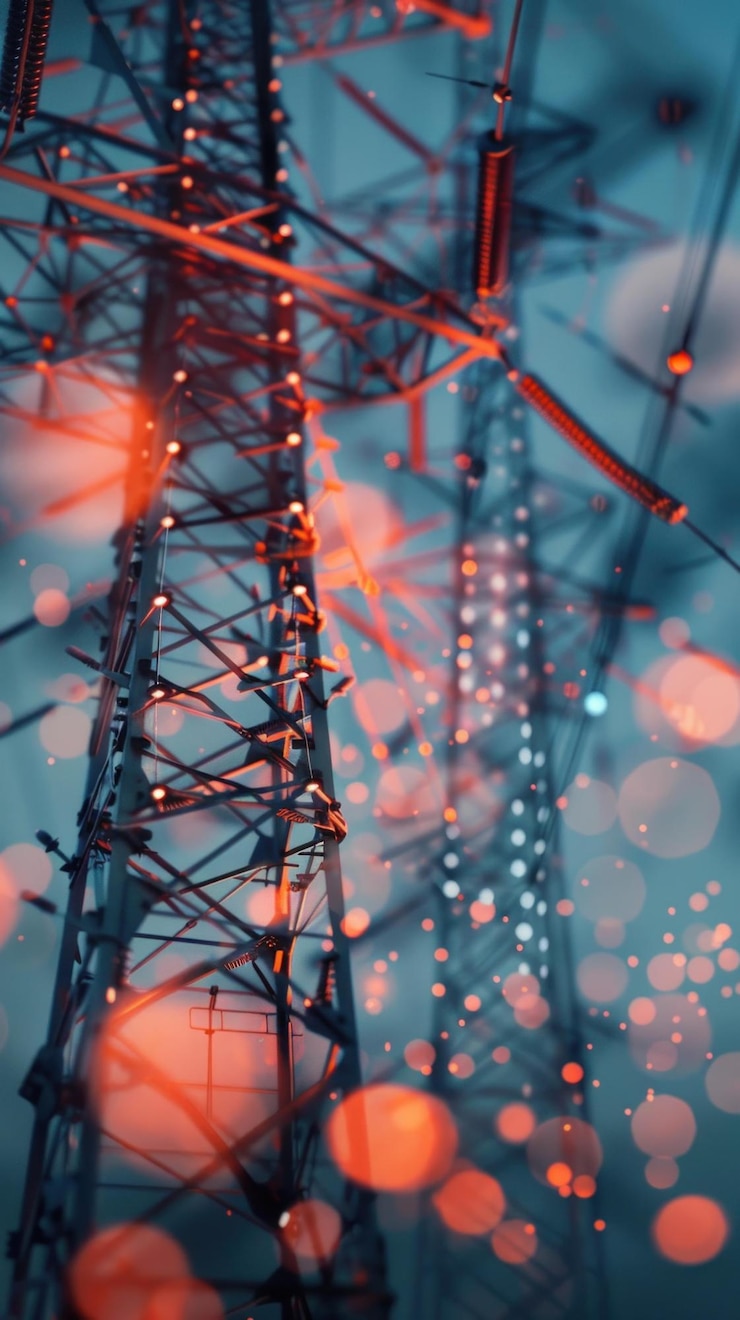 PSD closeup view of steel electricity pylons with bokeh lights