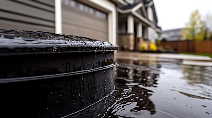 PSD closeup of water collecting around a black cylindrical object in a flooded driveway with a house in the background