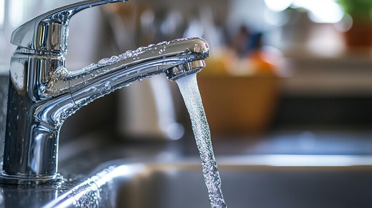 PSD closeup of water flowing from a chrome kitchen faucet into a stainless steel sink