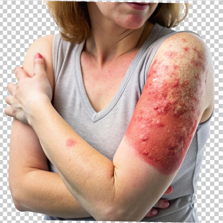PSD closeup woman with big red scaly rash suffering on transparent background