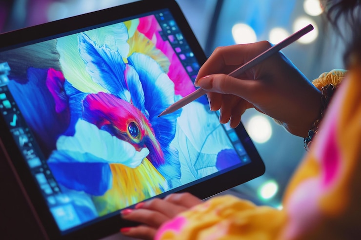 PSD closeup of a womans hands using a stylus to create digital art on a tablet vibrant flower design in progress