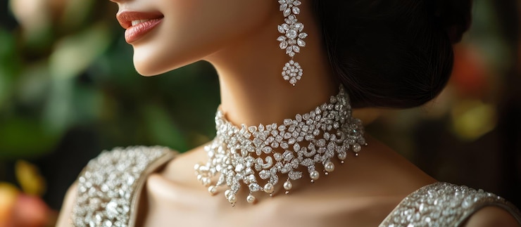PSD closeup of a womans neck with diamond jewelry