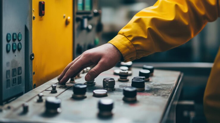 PSD closeup of workers hand operating industrial machinery control panel