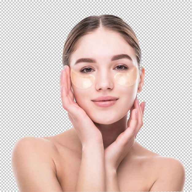 Closeup of a young woman with patches under eyes from wrinkles and dark circles isolated on white wall