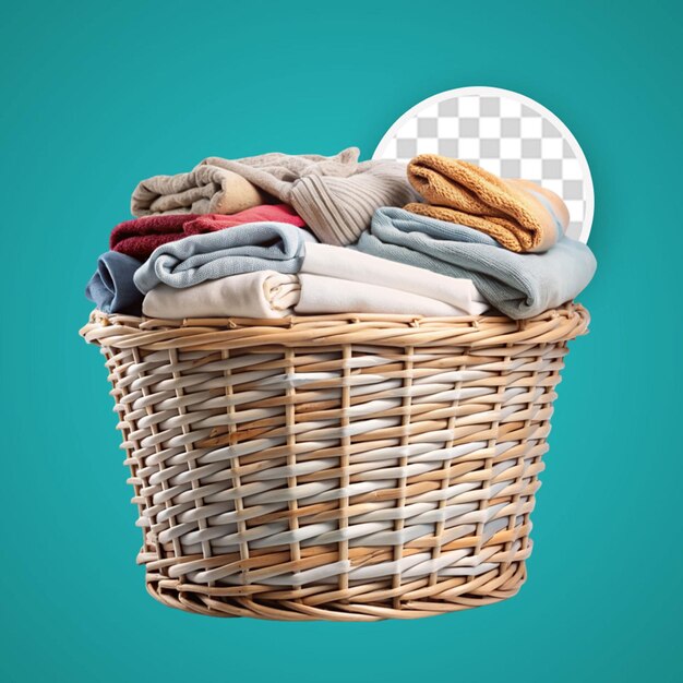 PSD clothes in a laundry wooden basket isolated on white background