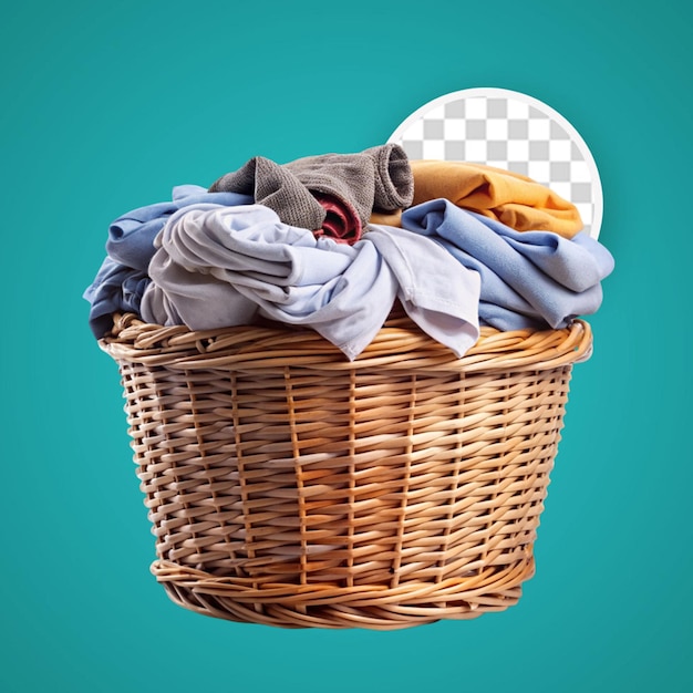 Clothes in a laundry wooden basket isolated on white background