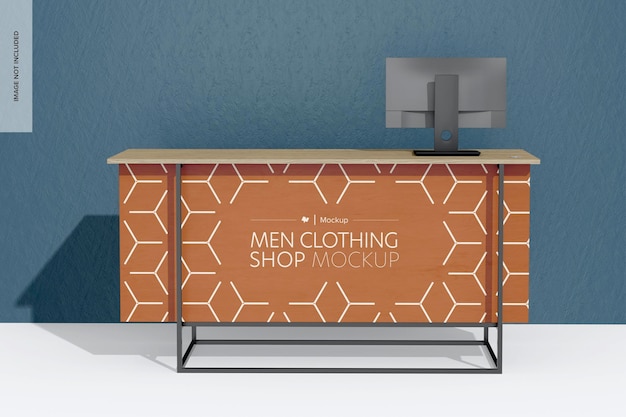 Clothes shop counter mockup with computer