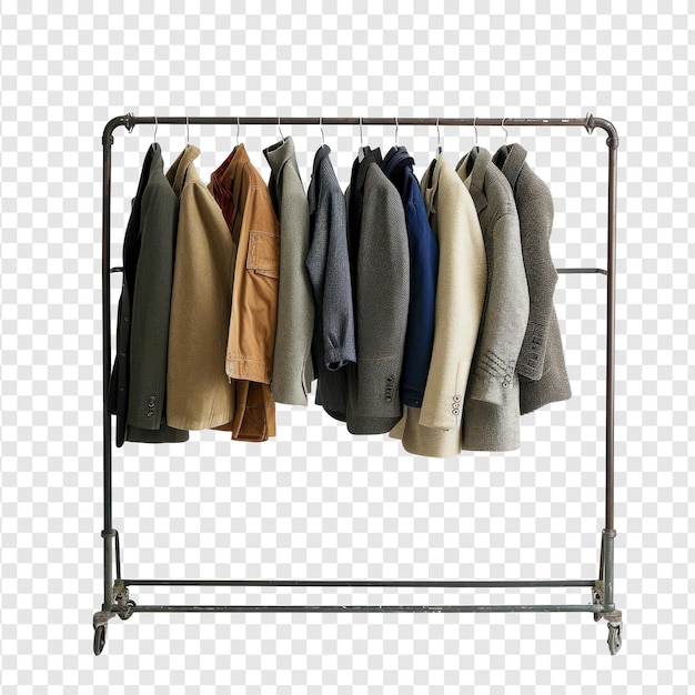 PSD un rack di abbigliamento di abiti di designer maschili su sfondo trasparente