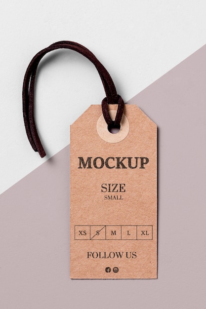 Clothing size tag mock-up with black thread