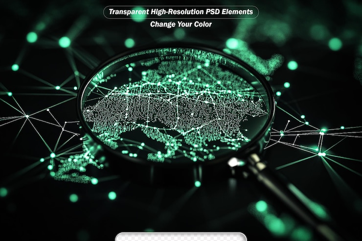 PSD cloud big data under magnifying glass symbolizing digital network connection and modern communication