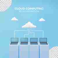 PSD illustrazione 3d del cloud computing con rendering 3d computer portatile