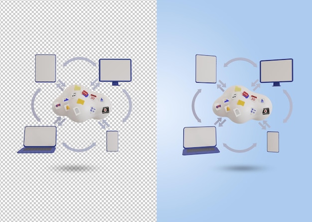 PSD cloud computing concept. client computers communicating with resources located in the cloud