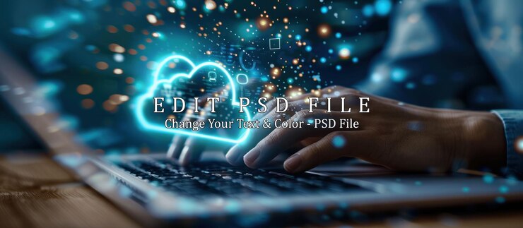 PSD cloud computing concept with hands typing on a laptop