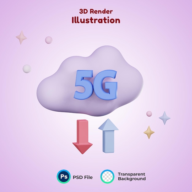 cloud computing gegevensoverdracht met 5g tekst 3d render pictogram illustratie