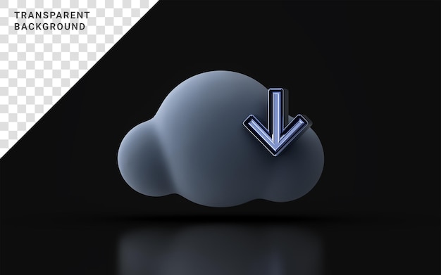 cloud down arrow sign on dark background 3d render concept for file data information save store