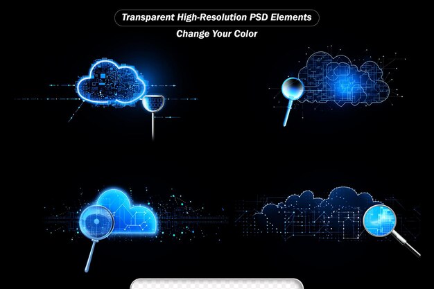 PSD concetto di tecnologia di servizio cloud e scambio di dati con vista anteriore sul simbolo digitale della nuvola blu