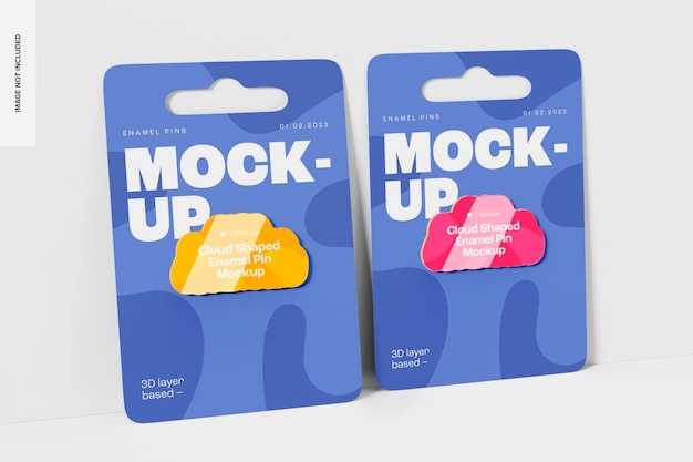 Cloud shaped enamel pins mockup, leaned