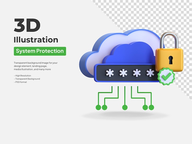 Illustrazione dell'icona 3d del sistema di protezione della password di archiviazione cloud