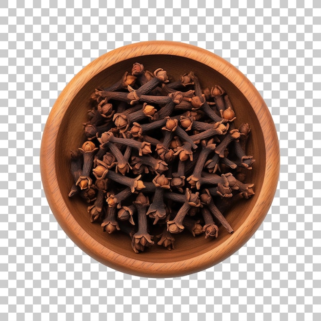 PSD cloves in a wooden bowl isolated on white background