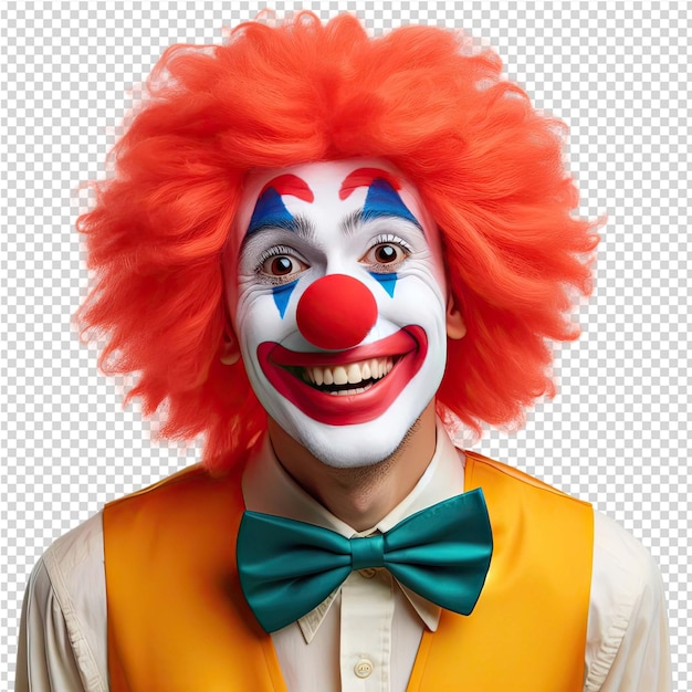 PSD a clown with a blue and yellow shirt and a tie with the words clown on it